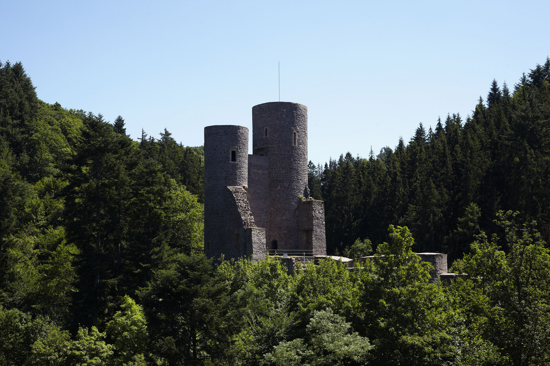 Rundtürme und Mauern der Frauenburg zentral, umgeben von Wald.